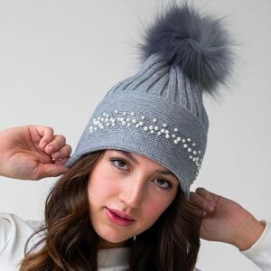 NWT New Adrienne Landau Gray Pearl Trim Faux Fur Pom-Pom Knit Beanie Hat OS